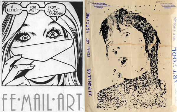 (Right) Anna Banana, front image, VILE vol. 6, no 3. The Yellow Book 1978-00-00. Anna Banana, Canada. (Left) Pat Larter, rubberstamps. Letter to Lomholt 1978-11-19. Envelope. Pat and Richard Larter, Australia.